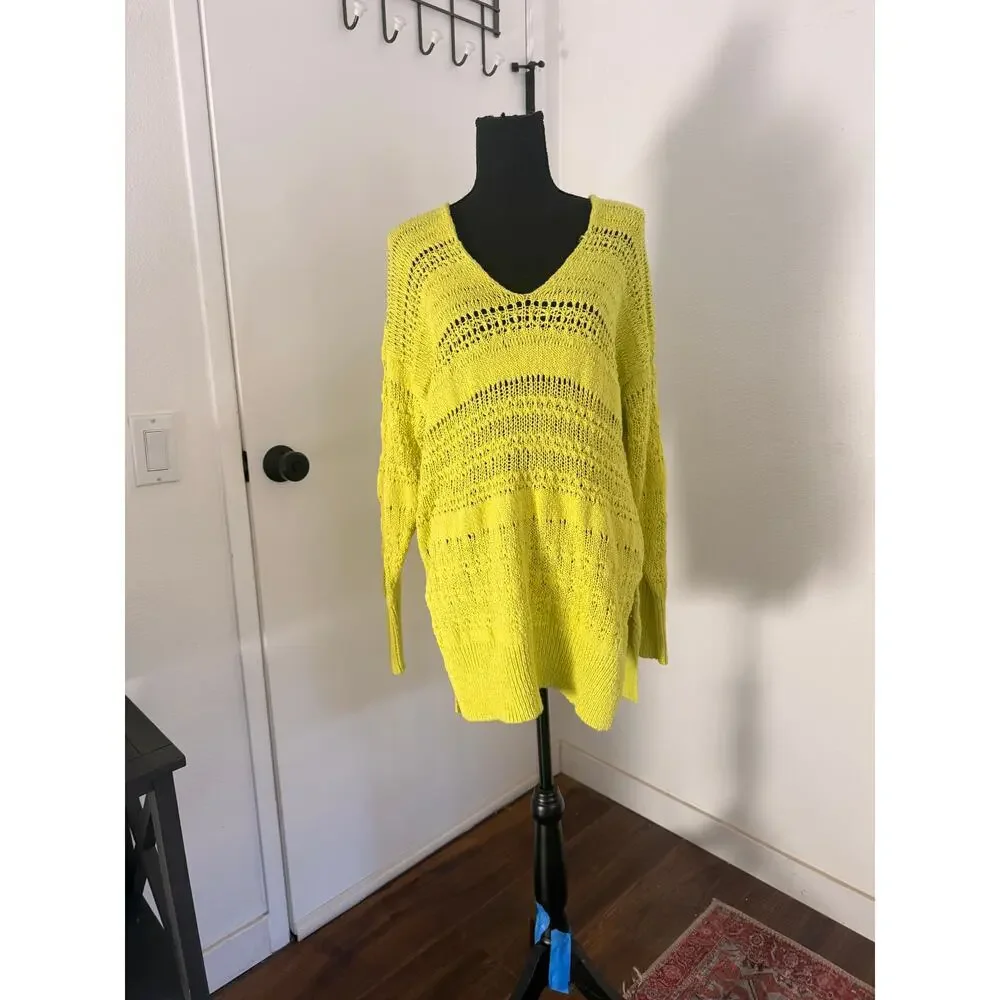 NWT Free People Hot Tropics Neon Limelight V-Neck Sweater Oversized xs